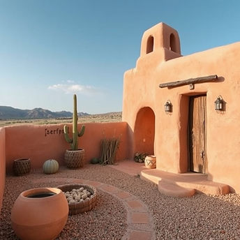 New mexico old town Adobe-style casita ADU house with a wooden door, new mexico desert courtyard. albuquerque mountains in background. synthetic stucco finish
