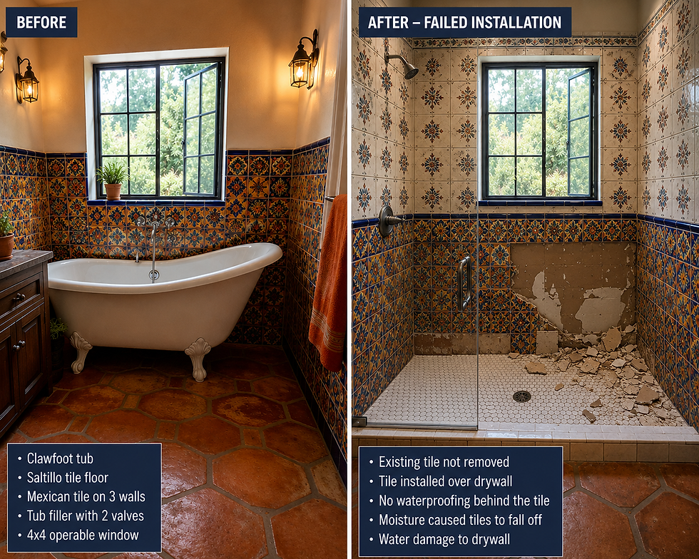 Before: Clawfoot tub, Mexican tiles, Saltillo floor. After: Failed shower installation with damaged tiles and exposed drywall.