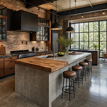 Industrial custom kitchen renovation with brick veneer walls, large concrete poured countertop island with waterfall edge, butcherblock cutting board bar stools. Black pendant light fixtures, island undermount sink, gas range, custom hood, glass upper cabinets, sealed and polished concrete flooring and black vinyl window 