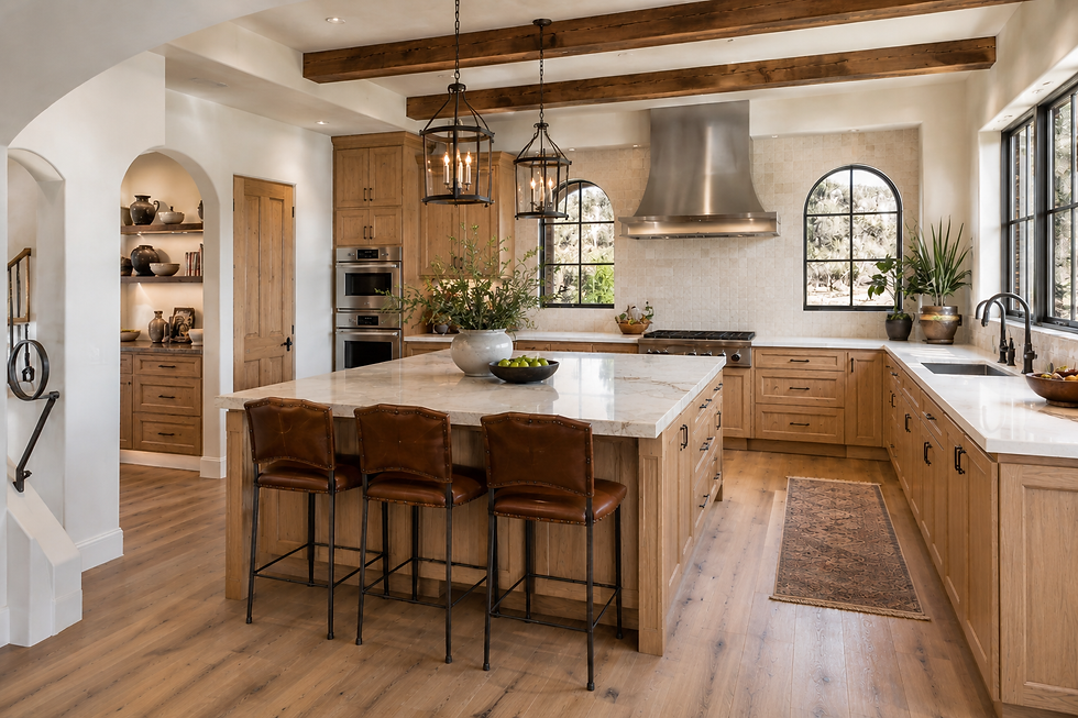 Custom built remodeled Warm, modern kitchen with wooden cabinets, marble island, leather stools, pendant lights, and hardwood flooring. Large windows, stainless hood, stained cabinets in ABQ
