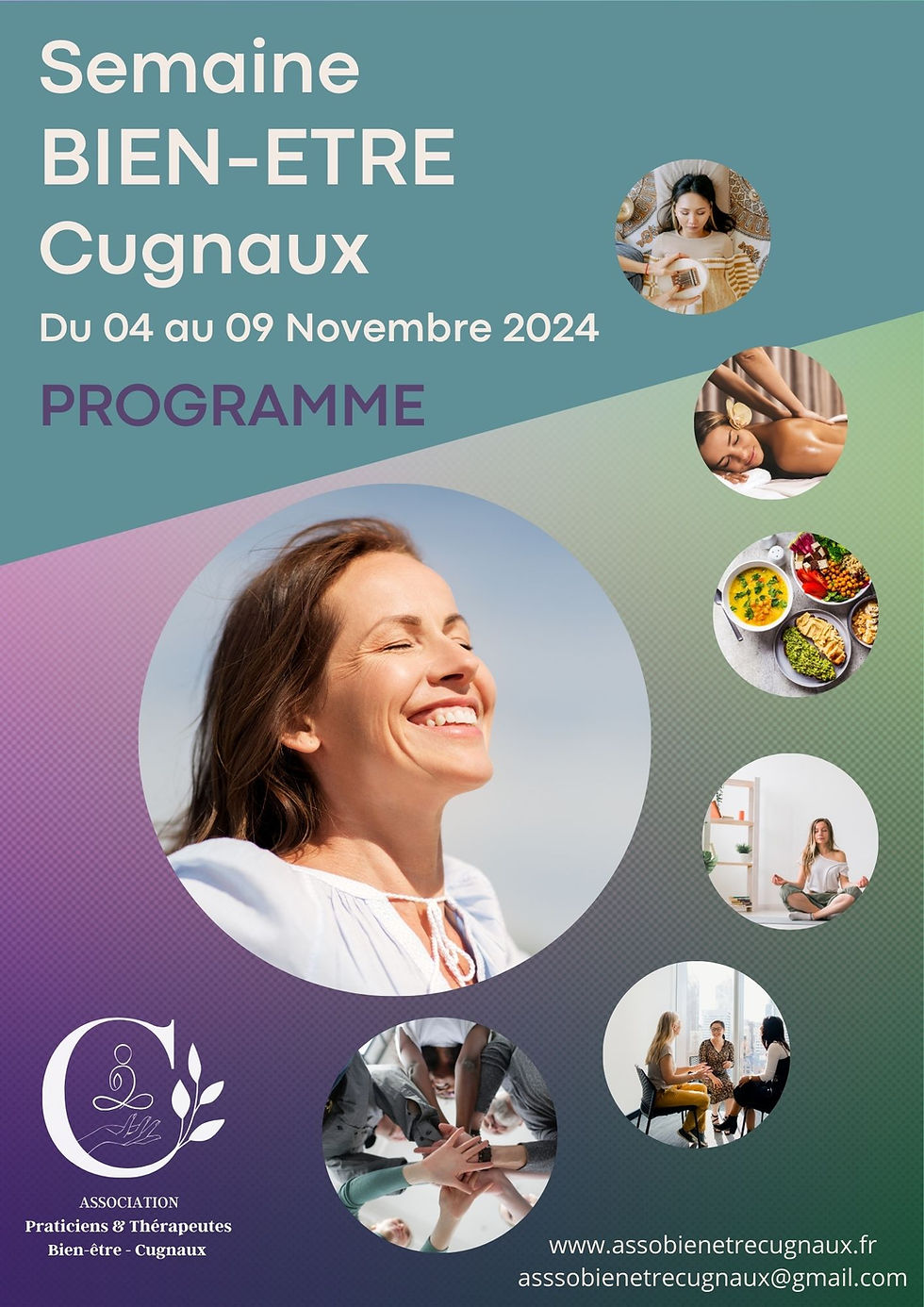Une femme rayonnante qui sourit à la vie. Des moments de détente, massages, une bonne alimentation saine, du partage, des rencontres, des bons moments, du coaching, un thérapeute, des bons moments