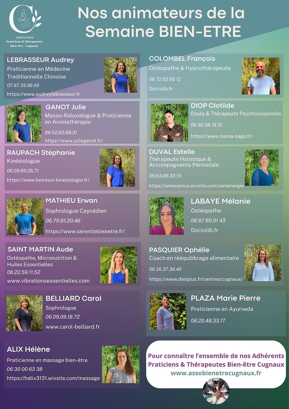 les noms des 11 professionnels du bien être participant à la semaine du bien être