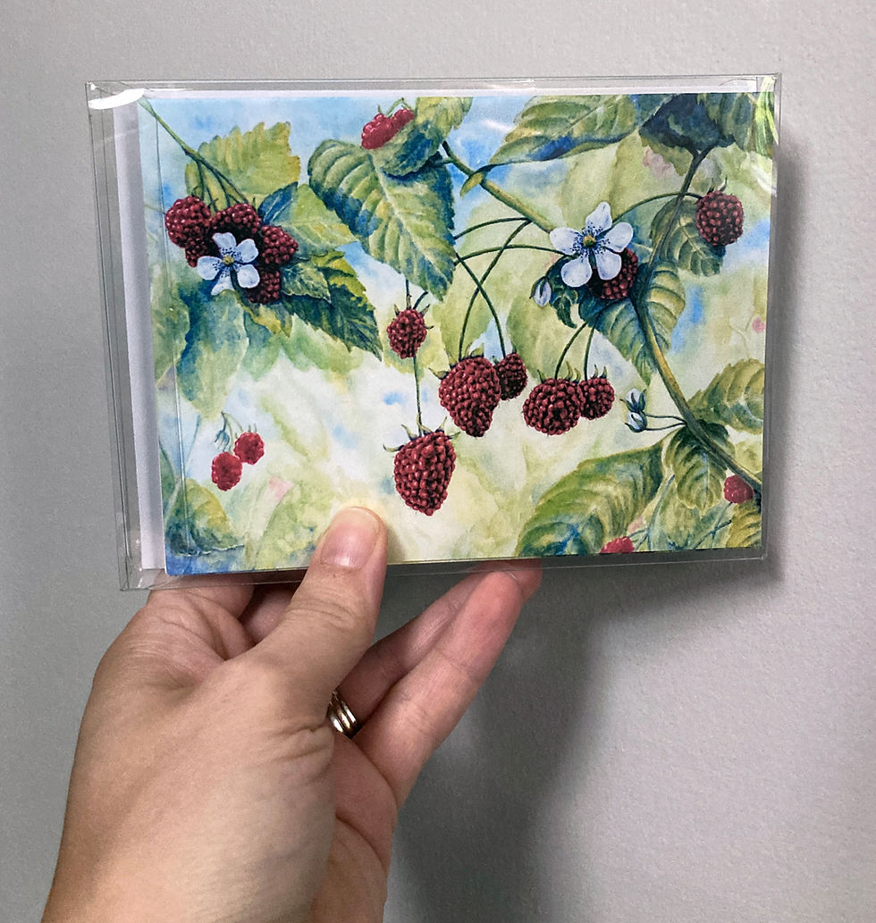 Thumbnail: Summer's Bounty raspberry watercolor artwork printed as folded notecards.