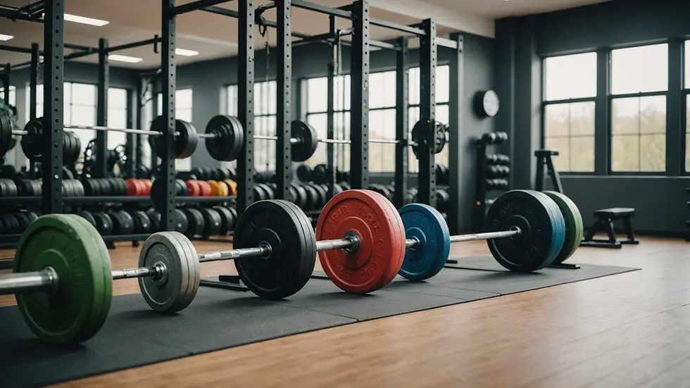 Eye-level view of weightlifting equipment arranged neatly in a fitness studio