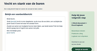 Bundel vocht, schimmel en stank vanuit een verwaarloosde burenwoning met een voorbeeldbericht en praktische hulpmiddelen