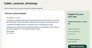 Charging cable, caravan and driveway pack with example messages and practical tools
