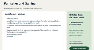 Paket Fernseher, Gaming und laute Stimmen mit einer Beispielnachricht und praktischen Hilfsmitteln