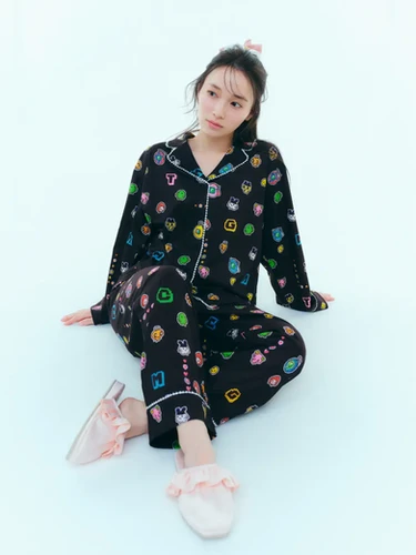 Tamagotchi Snidel Home Black Collared Button Up Pajamas Bandai