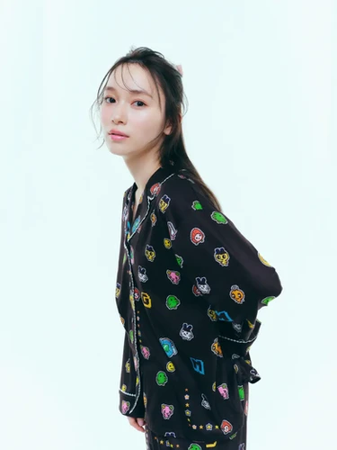 Tamagotchi Snidel Home Black Collared Button Up Pajamas Bandai