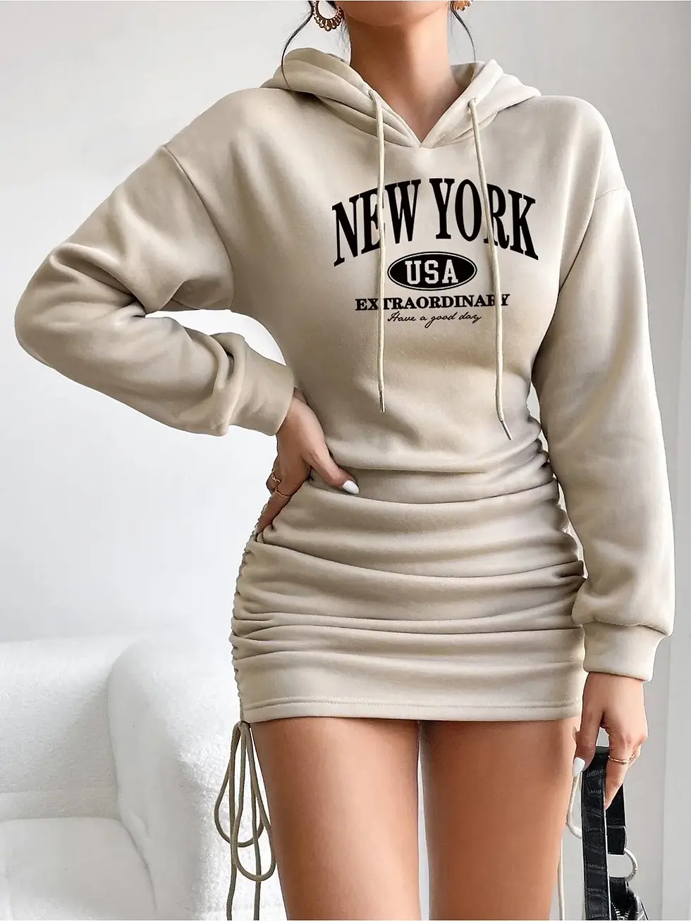 Thumbnail: Hooded Long-Sleeve Ruched Mini Dress in Beige, front view