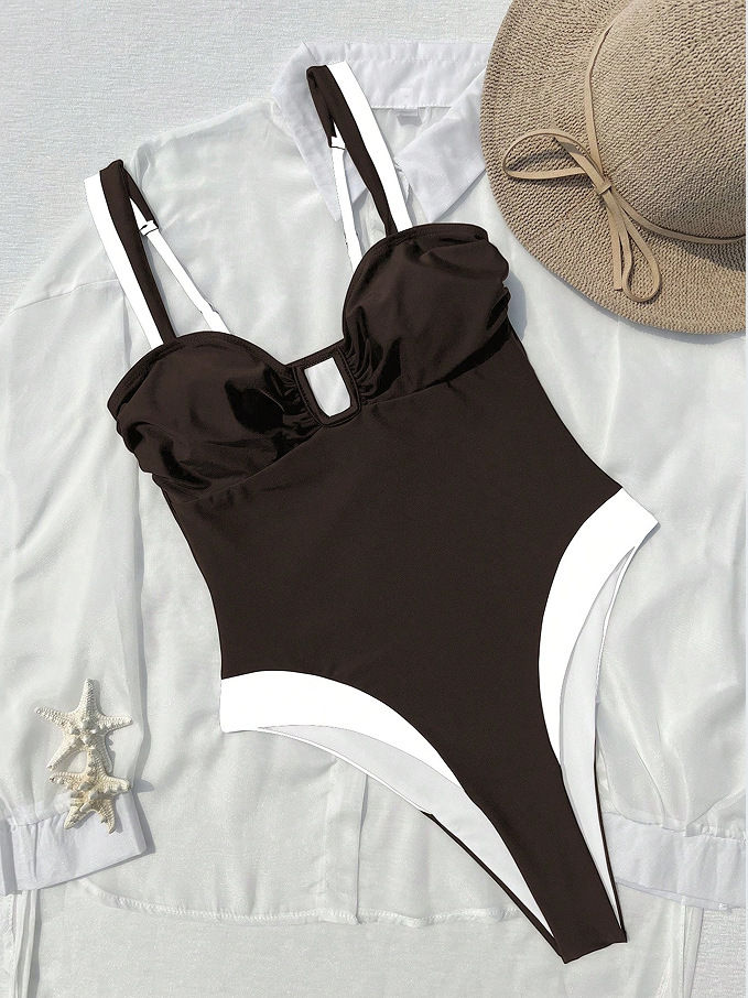 Thumbnail: Sculpted Cutout One-Piece Swimsuit in Black & Polka Dot, coffee, flat lay