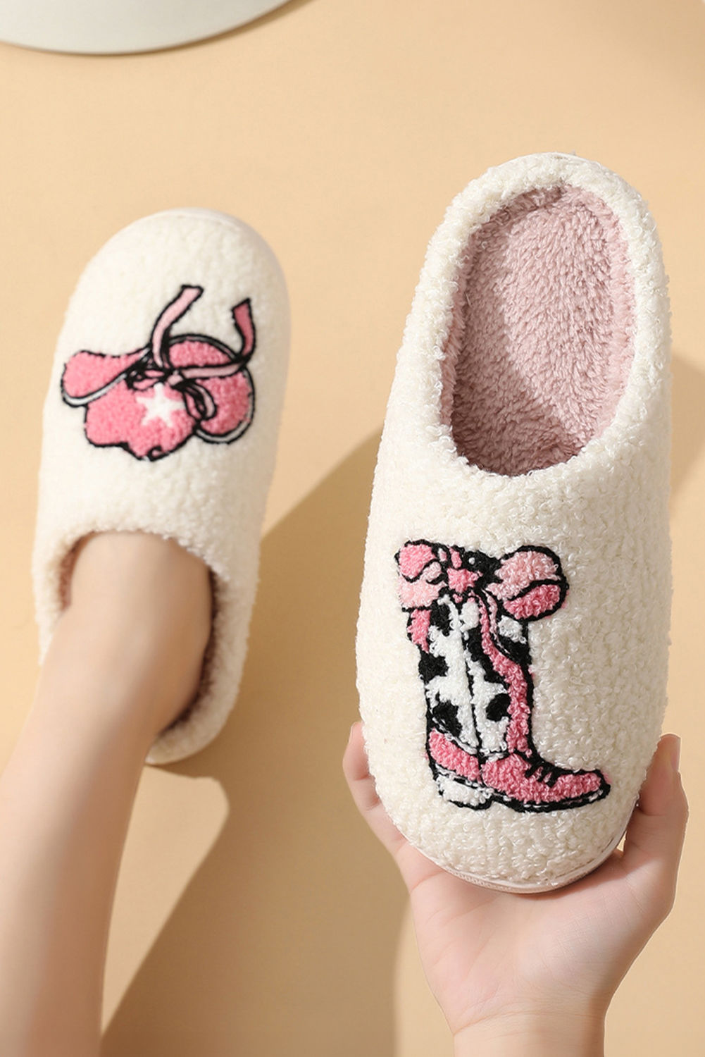 Cowgirl Hat & Boot Printed Plush Thermal Home Slippers
