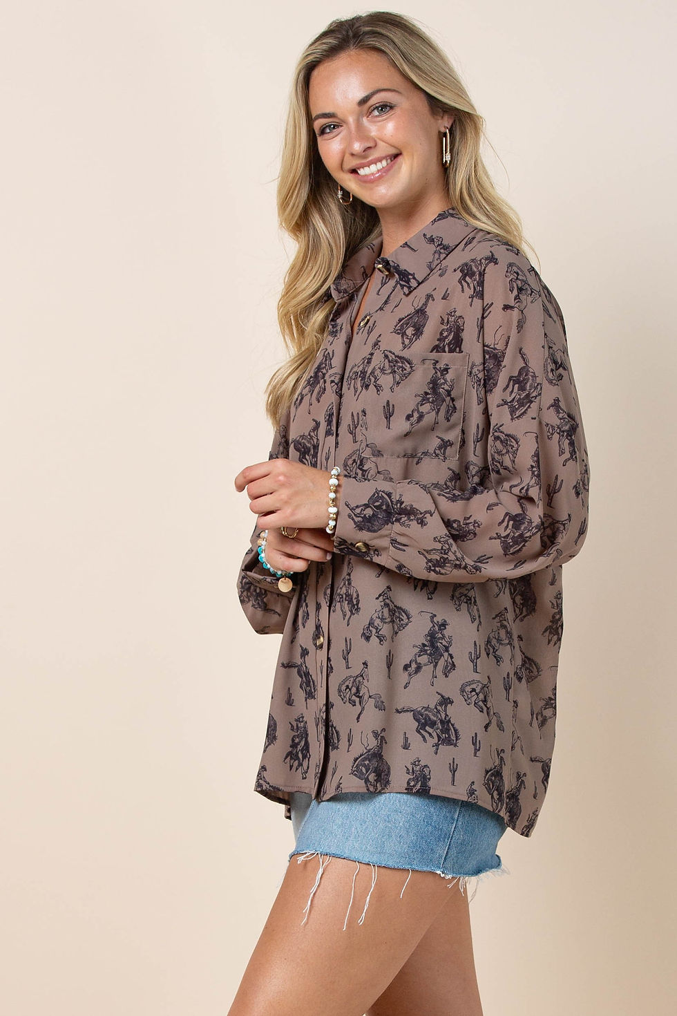Thumbnail: Western Bucking Horses Print Button Down Woven Shirt