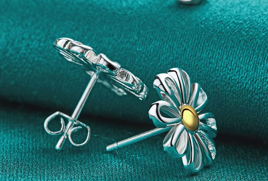 Thumbnail: Silver Golden Flower Stud Earrings