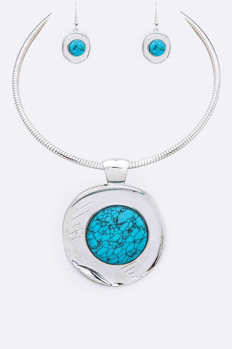Stone Pendant Collar Statement Necklace Set