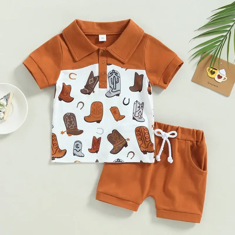 Western Boots Print Short Sleeve Set