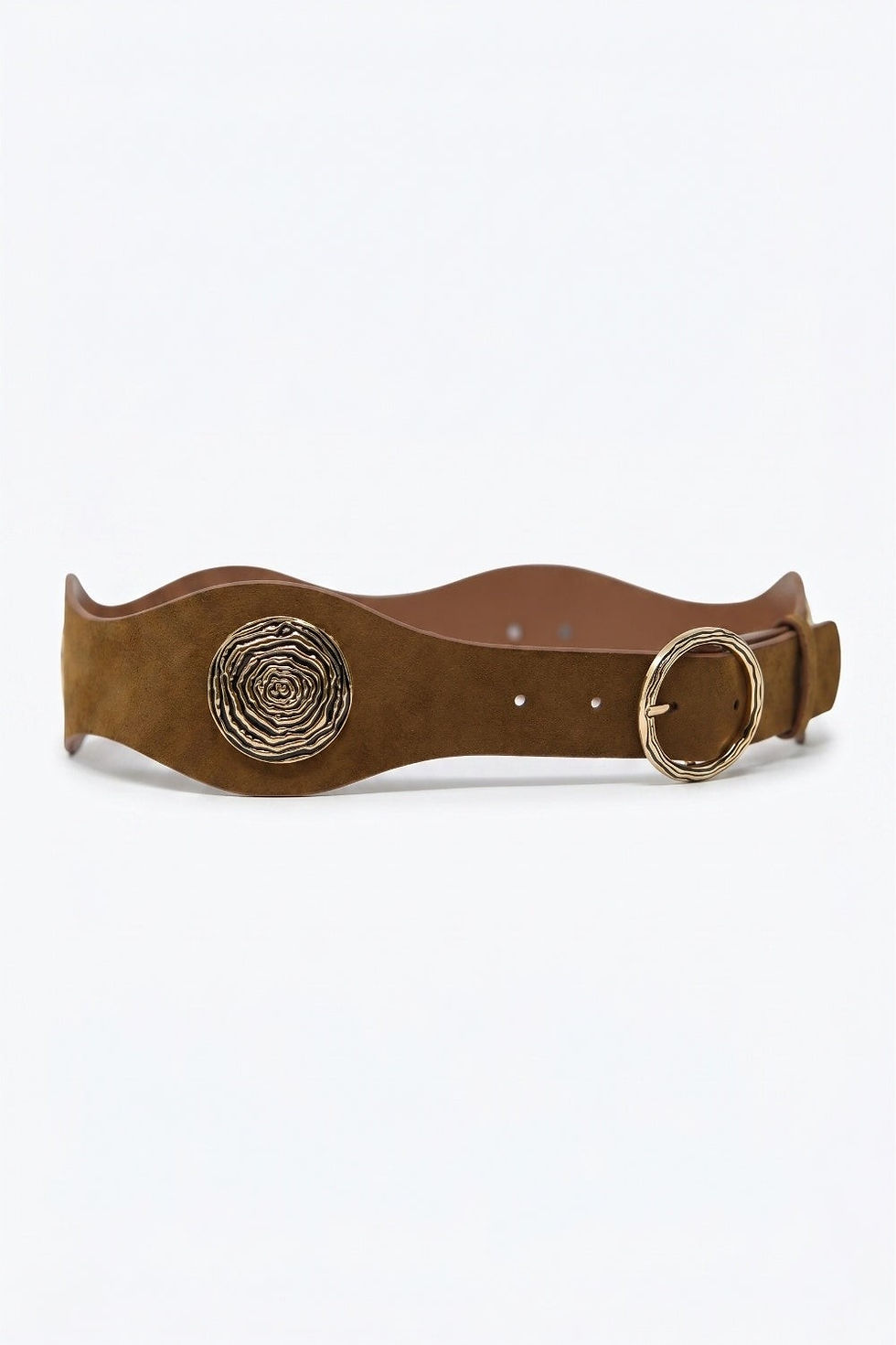Thumbnail: Brown Suede Gold Swirl Buckle Wide Waist Belt
