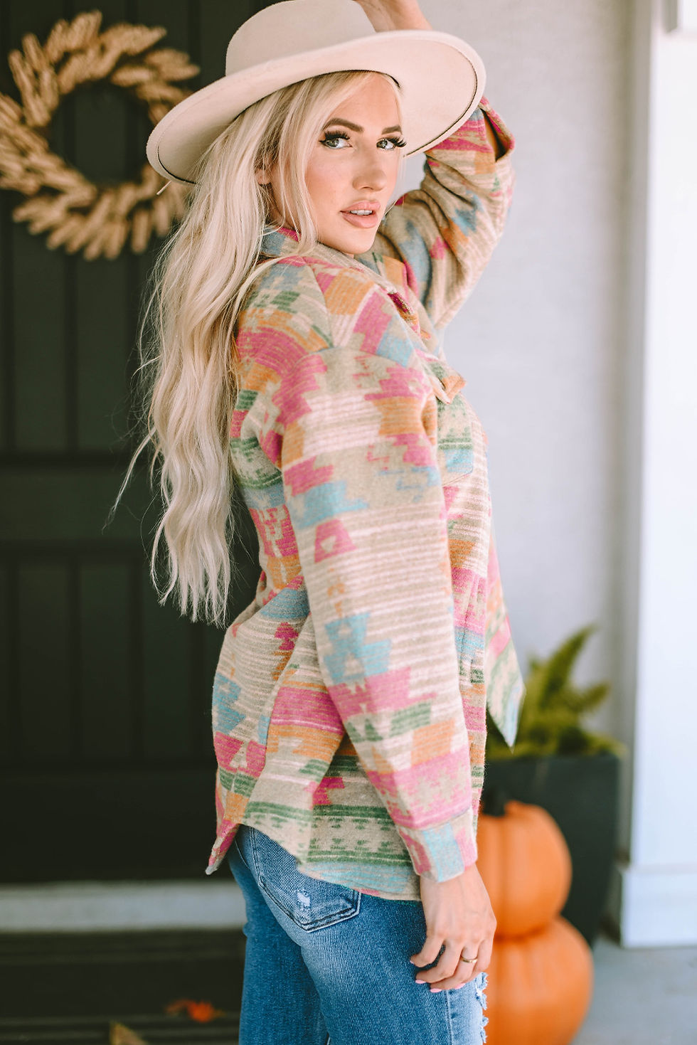 Thumbnail: Aztec Print Button Flap Pocket Shacket