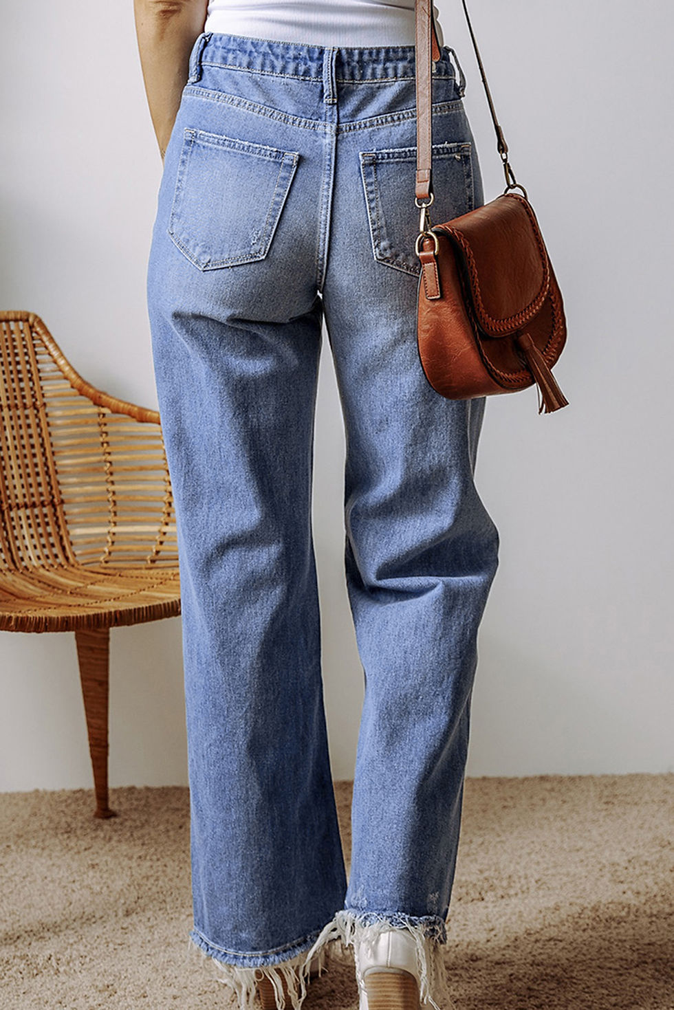 Thumbnail: Distressed Raw Hem Straight Leg High Waist Jeans