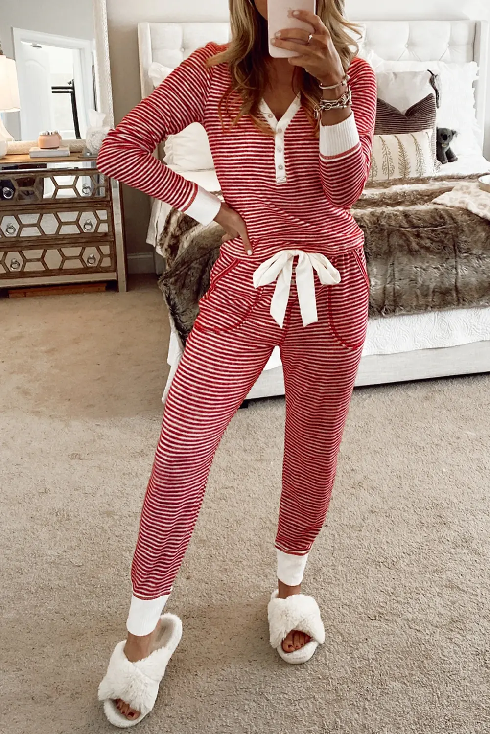 Stripe Buttoned V Neck Top and Knotted Waist Pants Lounge Set