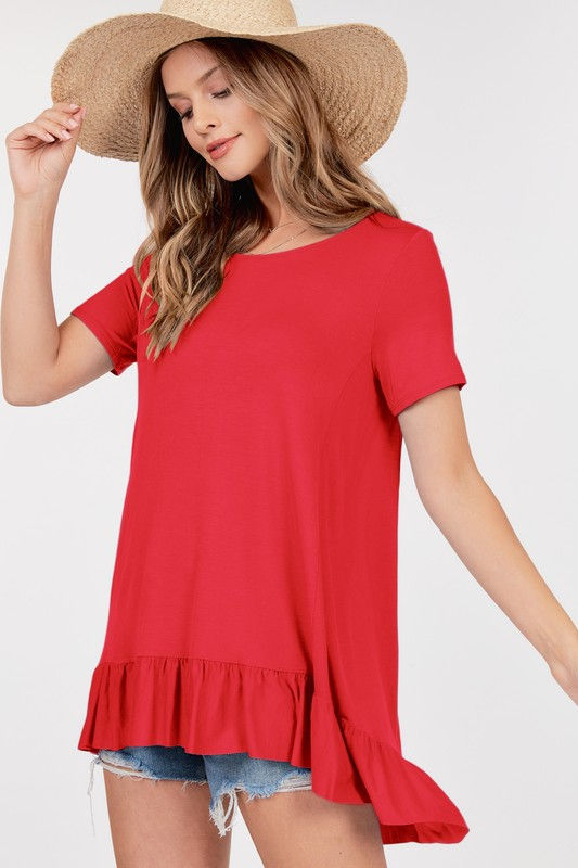 Thumbnail: Basic S/S Round Neck Ruffle Hem Tunic Top