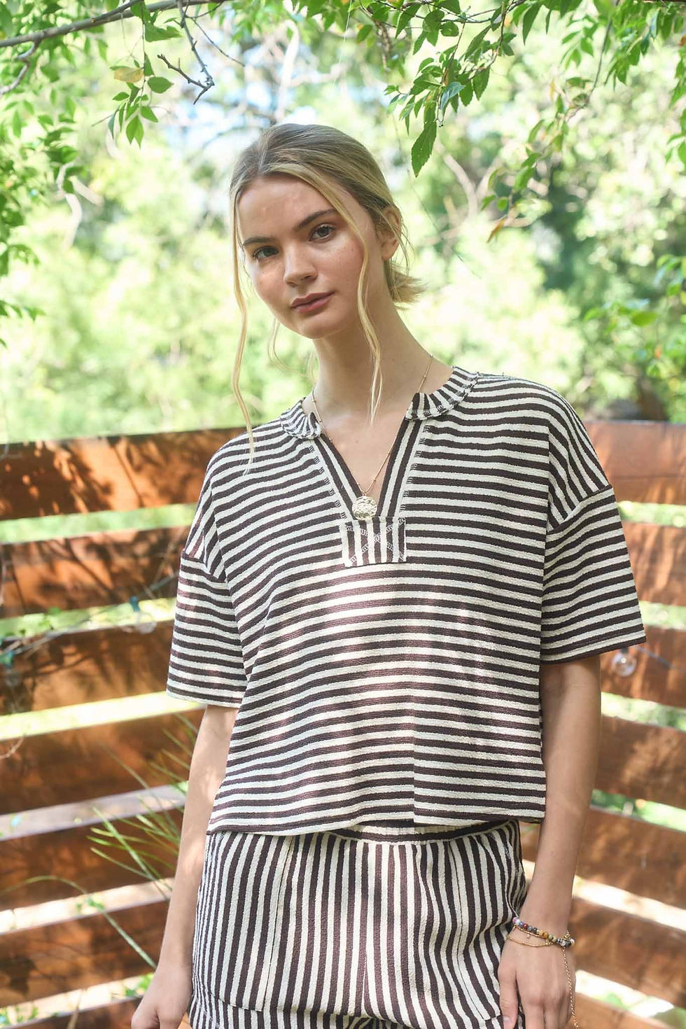 Thumbnail: Stripe Short Sleeve Drop Shoulder Boxy Knit Top