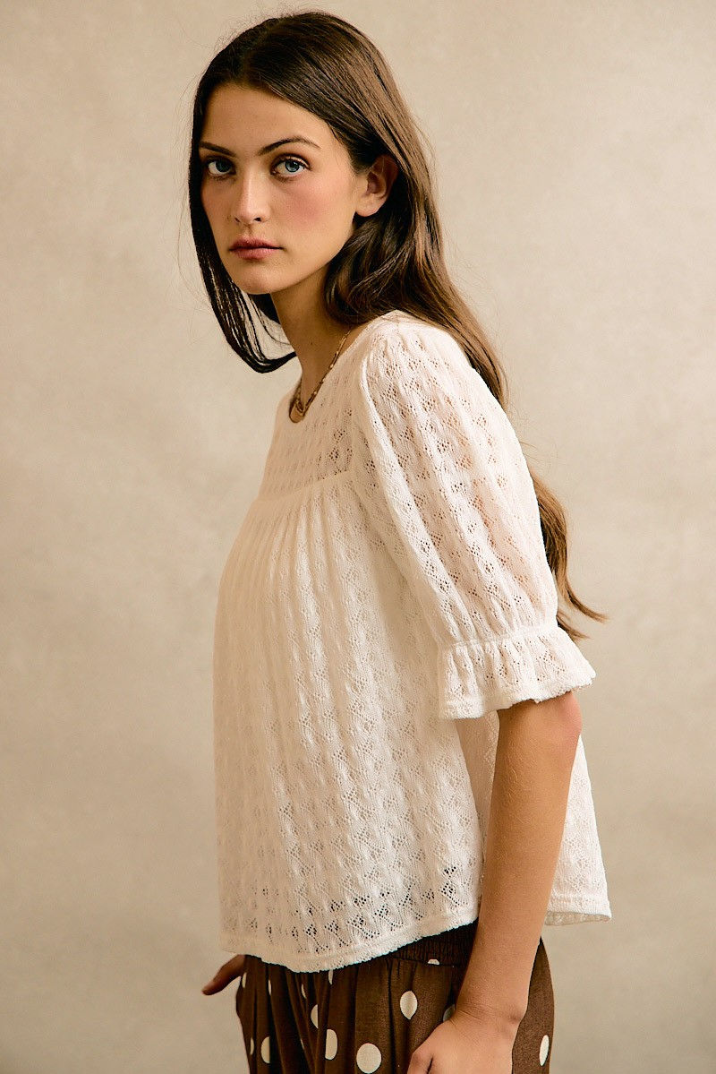 Thumbnail: Lace Knit Short Sleeves Babydoll Blouse Top
