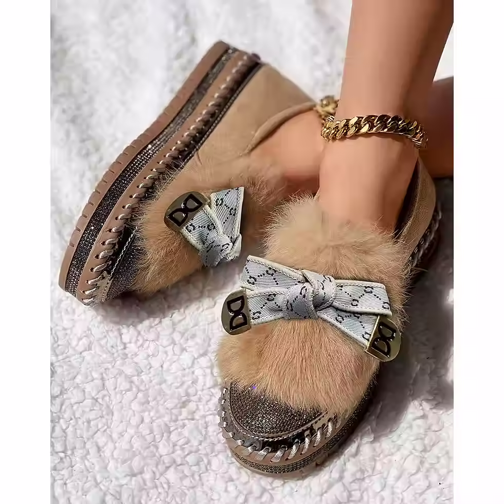 Thumbnail: Rhinestone Bowknot Decor Fuzzy Detail Slip-On Loafers
