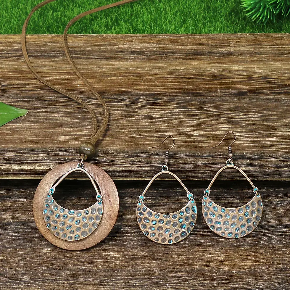Thumbnail: Vintage Round Wooden Bronze Necklace W/ Earrings
