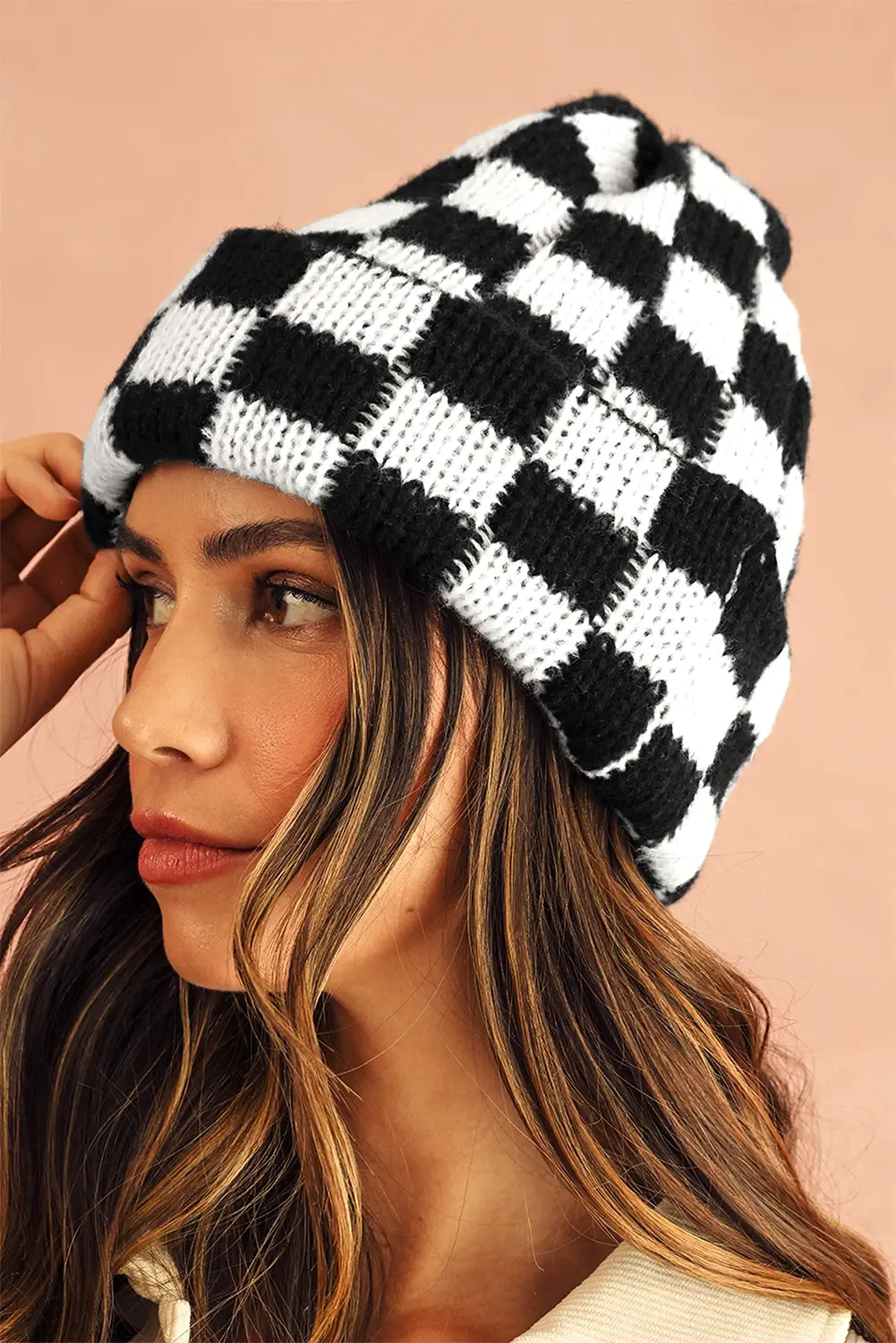 Two Tone Checkered Folded Waveless Beanie Cap