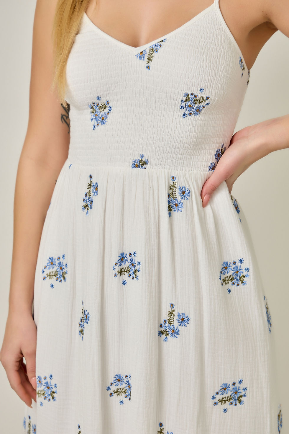Thumbnail: Embroidery Double Gauze Smocked Dress - On Order
