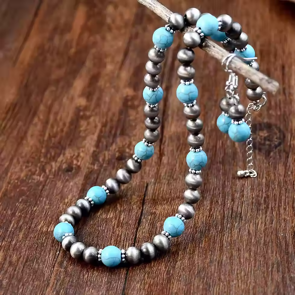 2PCS Navajo CCB Beads Inlaid Turquoise Necklace & Earrings