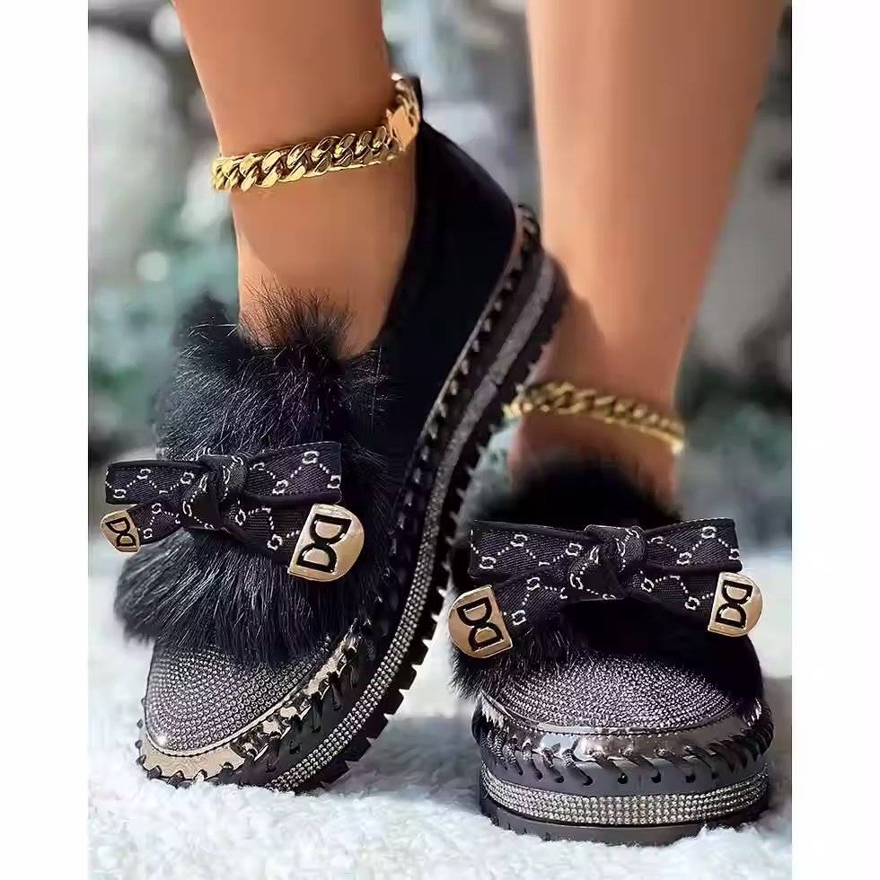 Thumbnail: Rhinestone Bowknot Decor Fuzzy Detail Slip-On Loafers