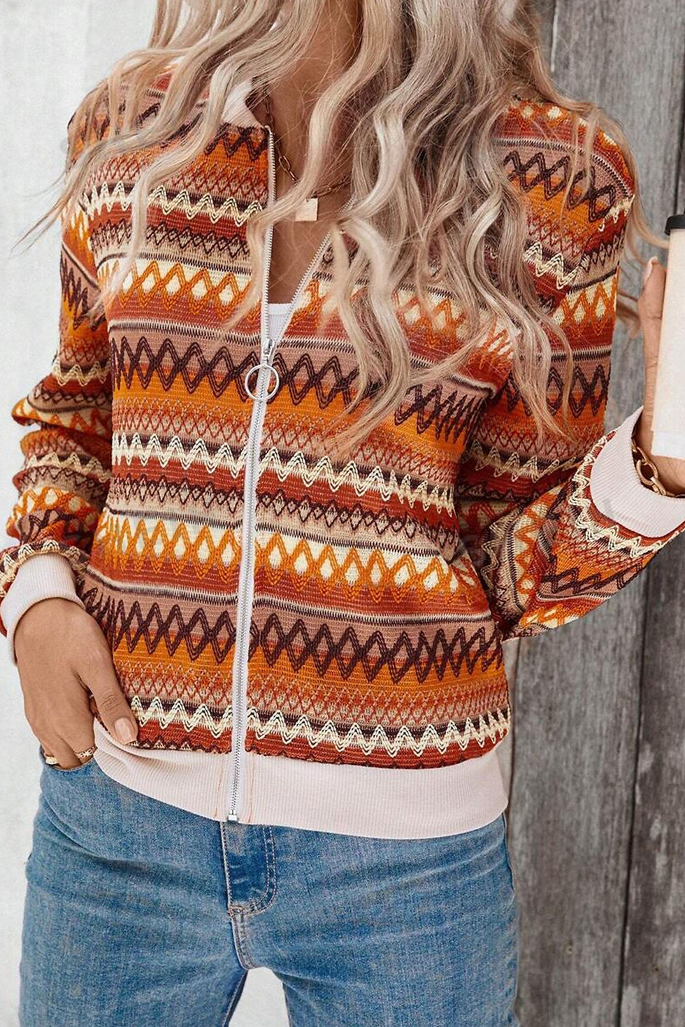 Thumbnail: Boho Striped Zip Up Long Sleeve Jacket