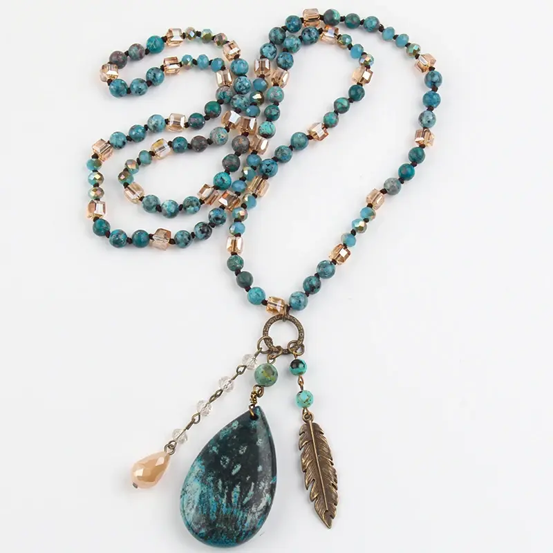 Thumbnail: Glass/Stones Knotted W/ Stone Drop Pendant Necklace