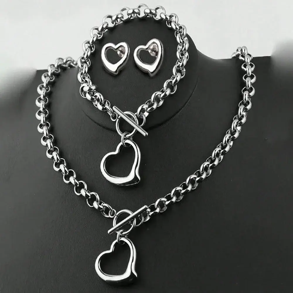 Stainless Steel Bracelet Earrings Necklace Set