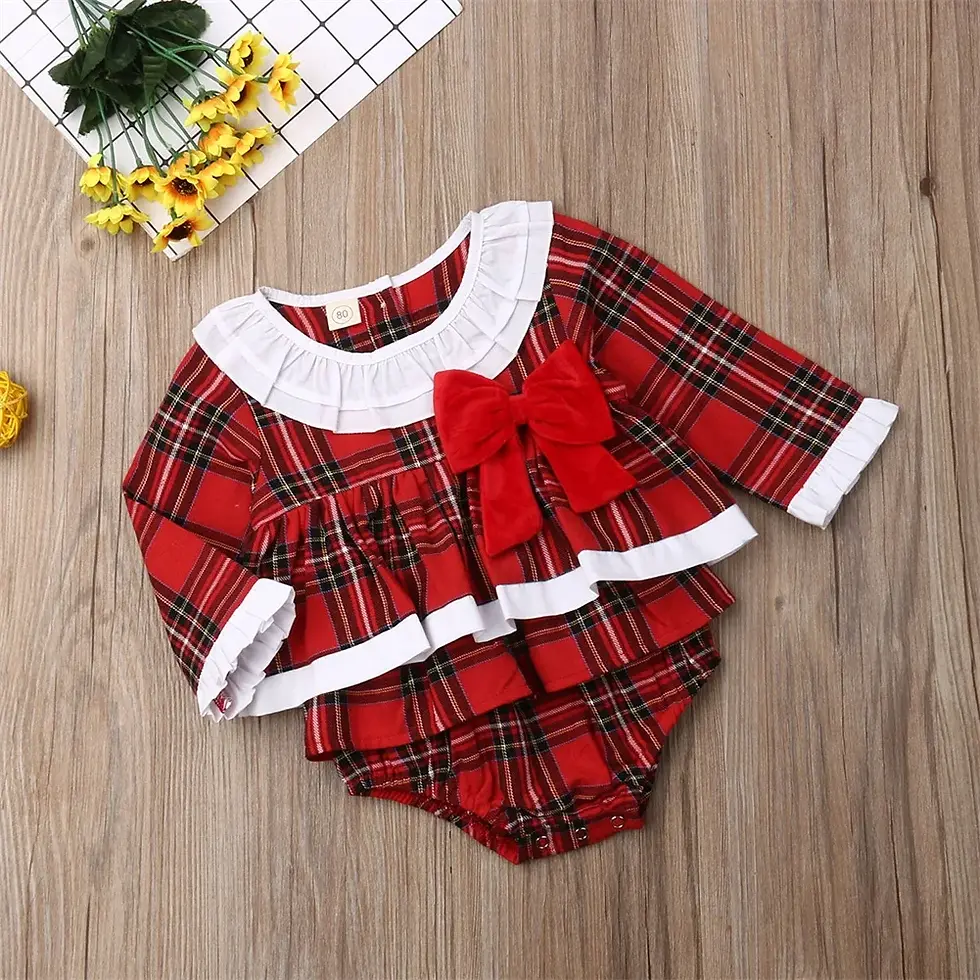 Thumbnail: Newborn Baby Girl  Bow Red Plaid L/S Jumpsuit