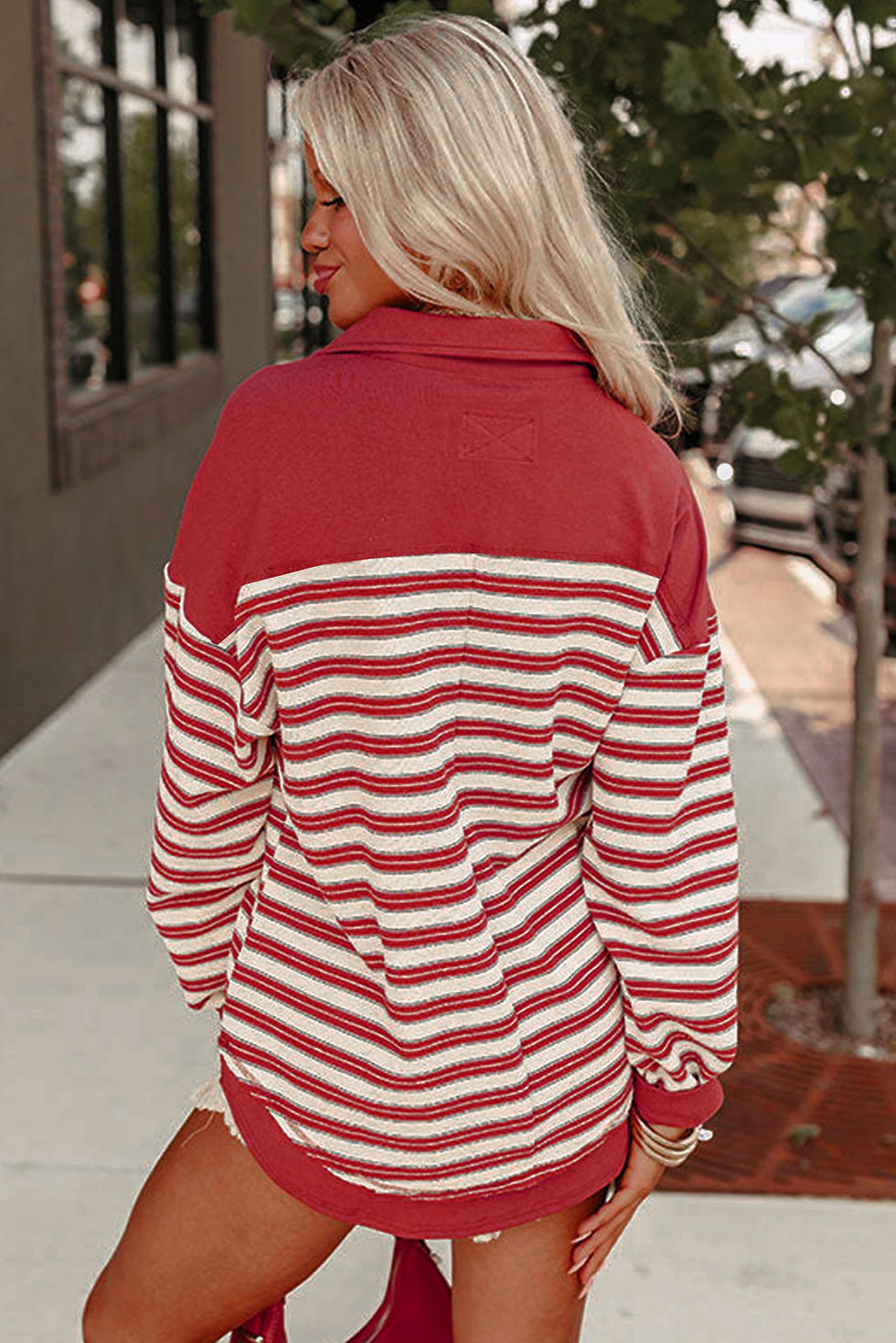 Thumbnail: Stripe Buttoned V Neck Collared Drop Shoulder Top