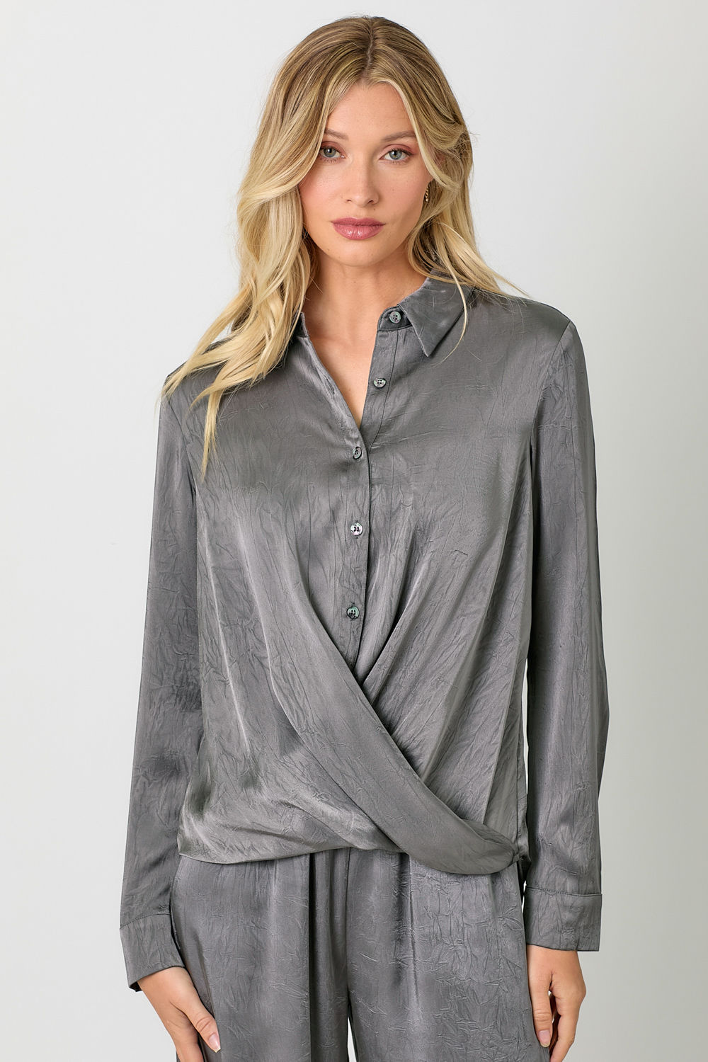 Crinkle Satin Twisted Bottom Blouse