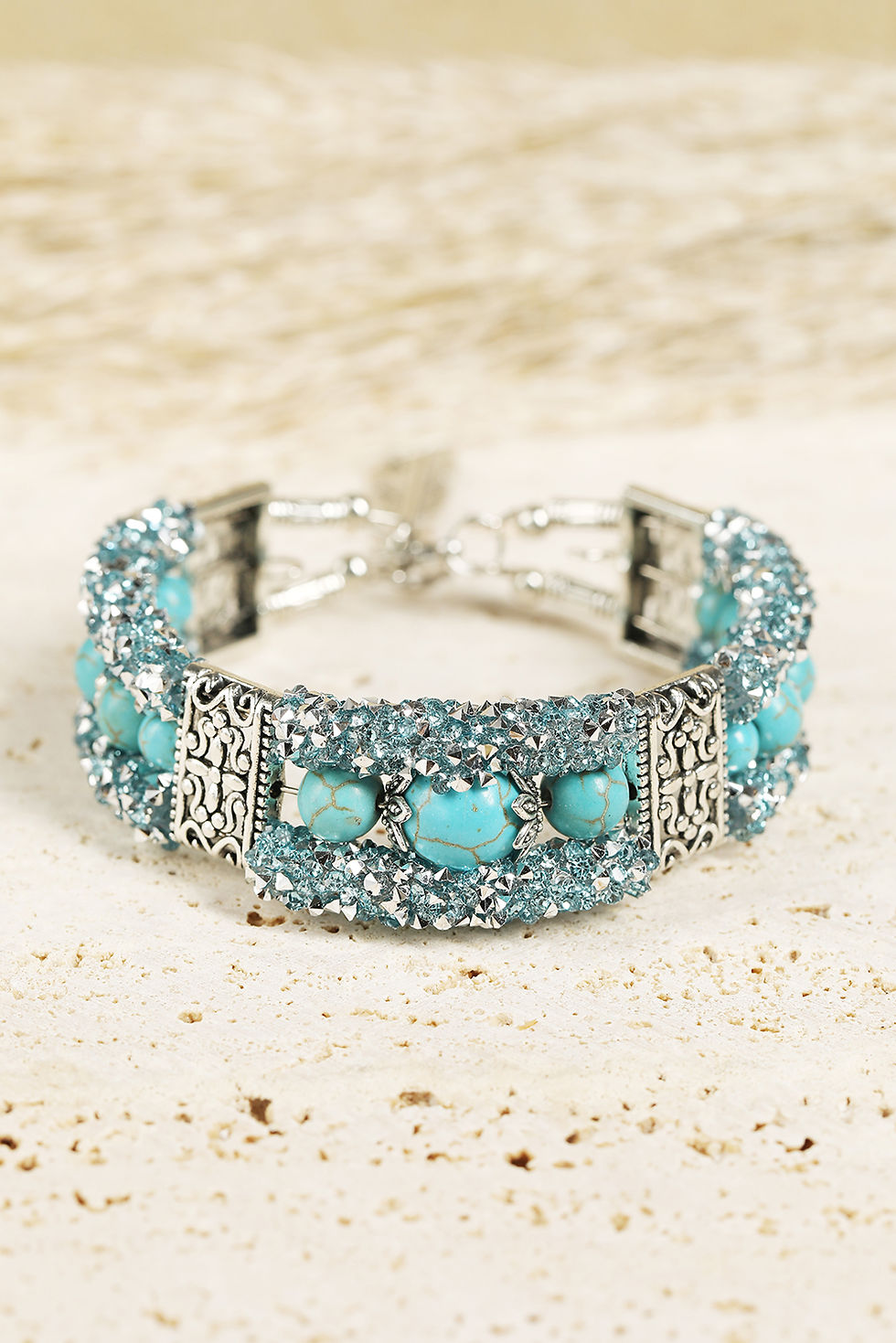 Thumbnail: Turquoise Beads Rhinestone Carved Bracelet