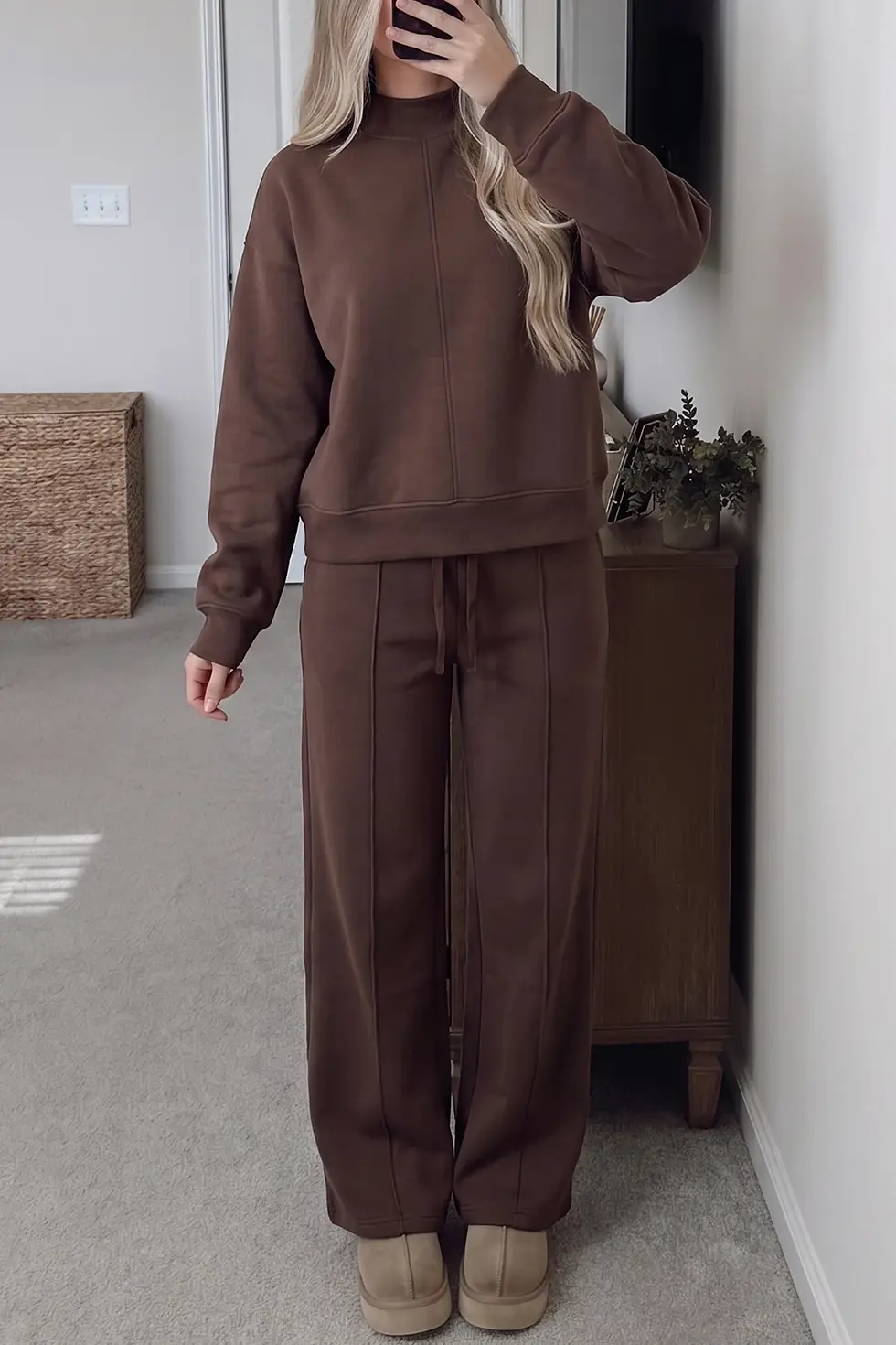 Thumbnail: Solid Color Piping Trim Mock Neck Pullover Drawstring Pants Set