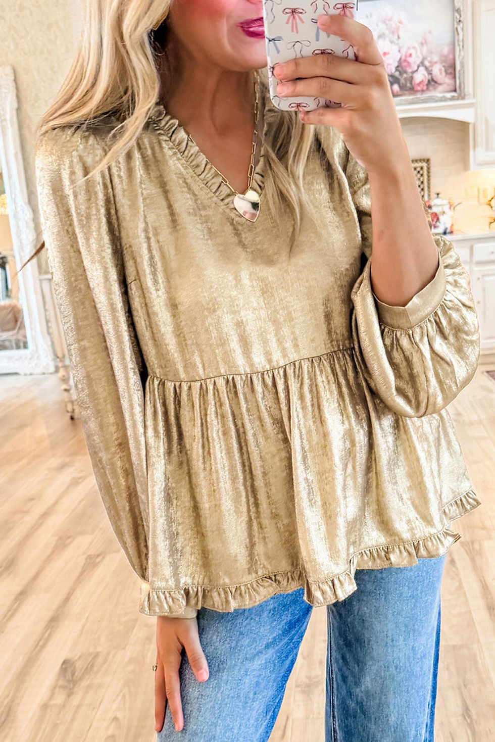 Thumbnail: Metallic Frilled V Neck Puff Sleeve Babydoll Blouse