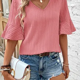 Thumbnail: Ruffled Half Sleeve V Neck Textured Top