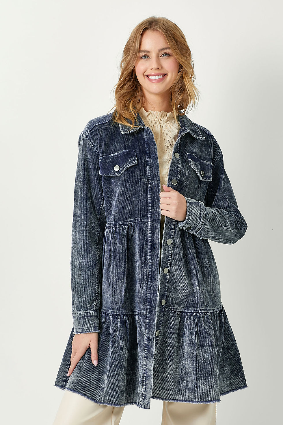 Thumbnail: Acid Washed Corduroy Tiered Dress Coat