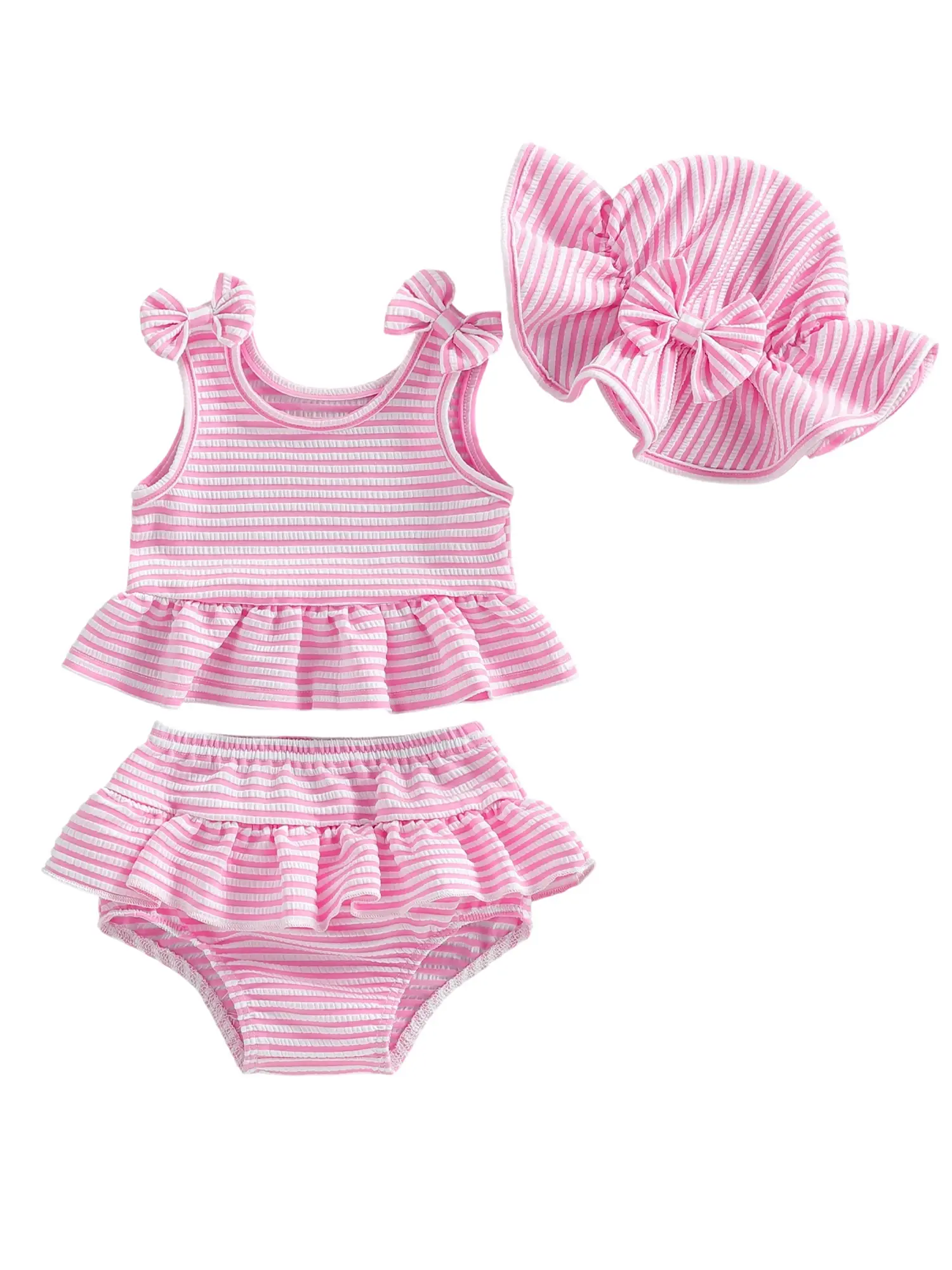3Pcs Bathing Suit Ruffle Top with Bottom, Hat