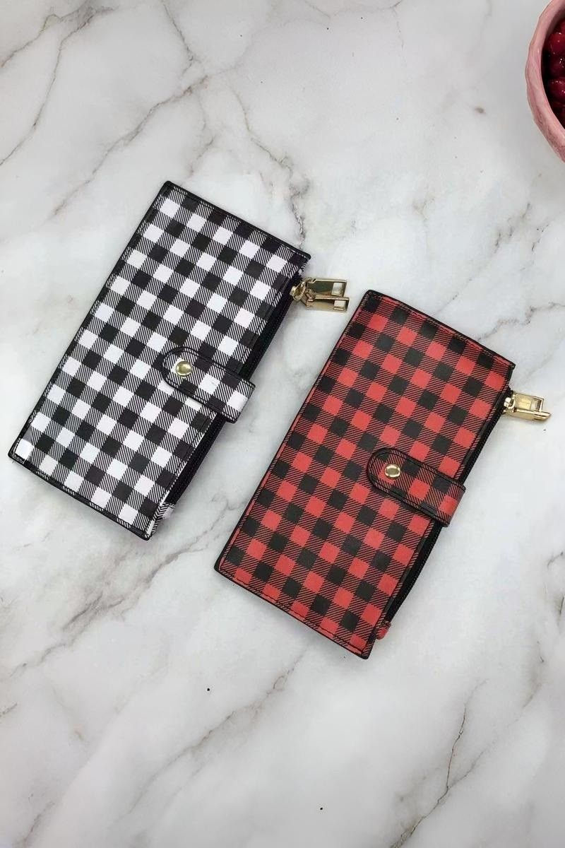 Checkered Slim Credit Card Zipper Wallet