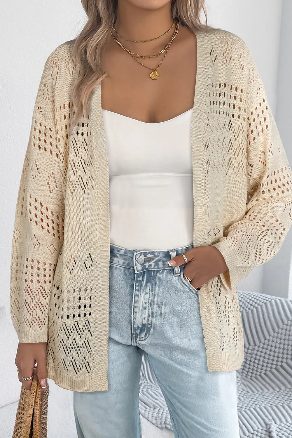 Hollowed Knit Open Front Cardigan Sweater
