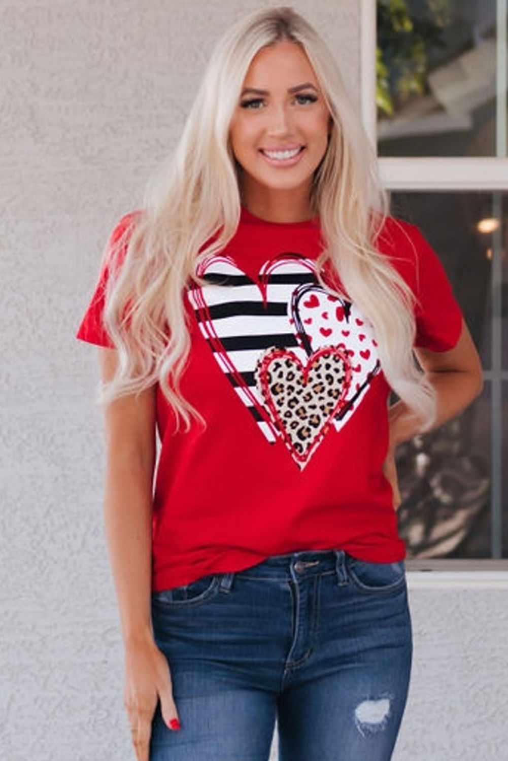 Leopard Striped Heart Shaped Print Crew Neck T Shirt