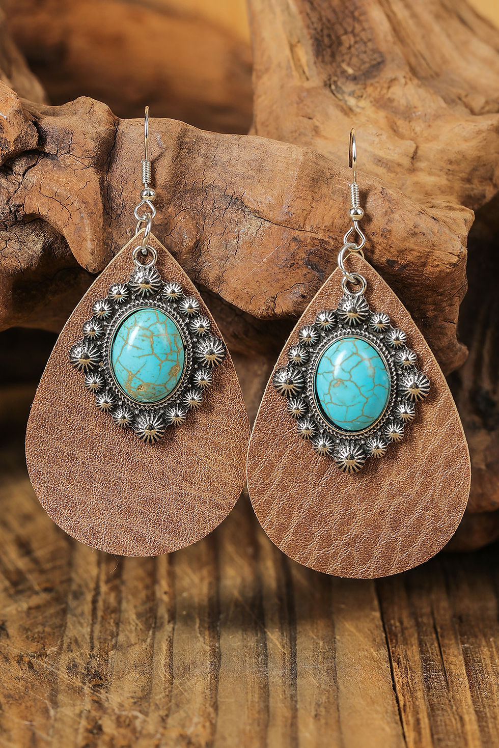 Boho Gem Stone Leather Hook Earrings