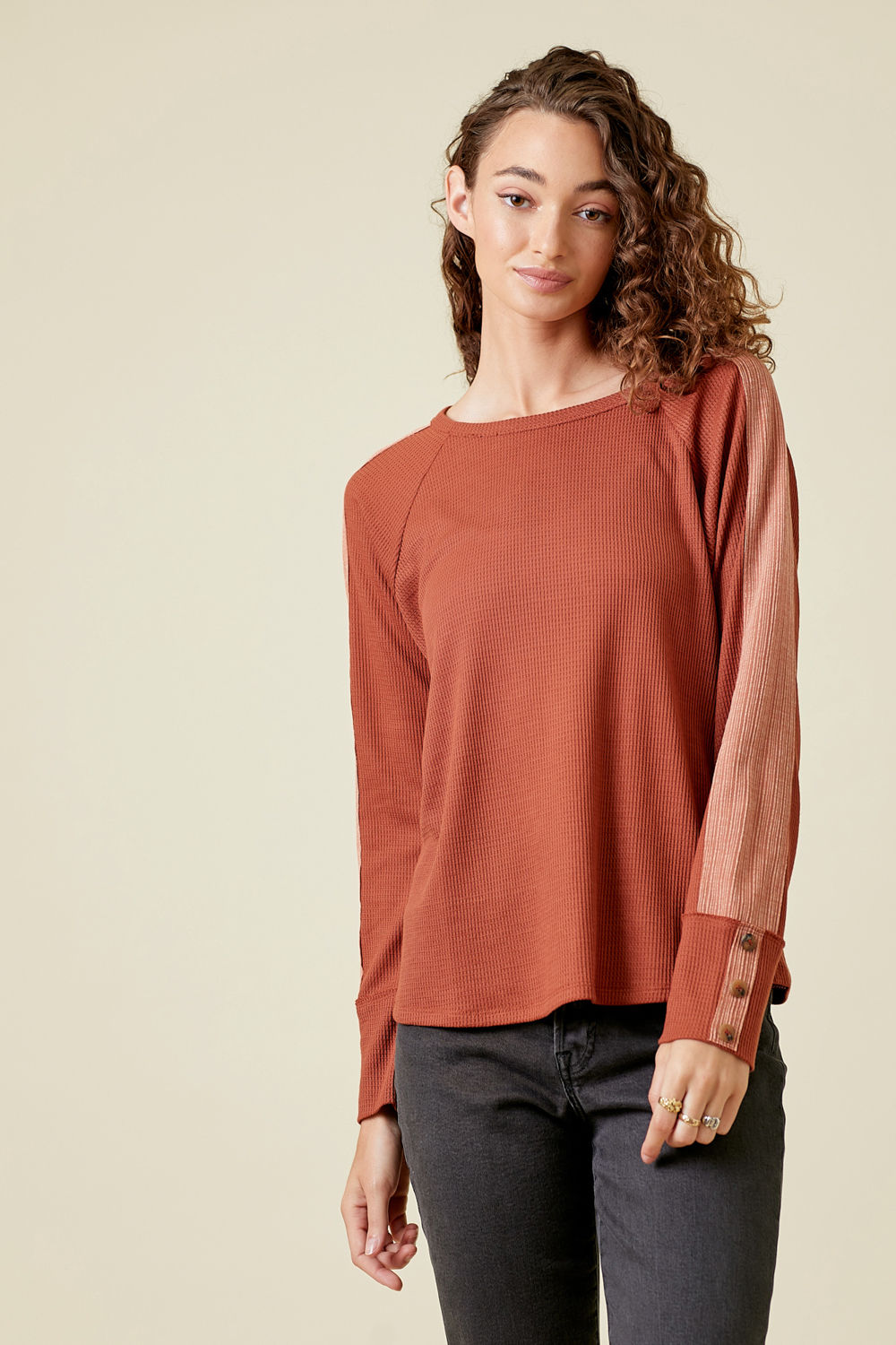 Mixed Waffle Wide Neck Slim Knit Top